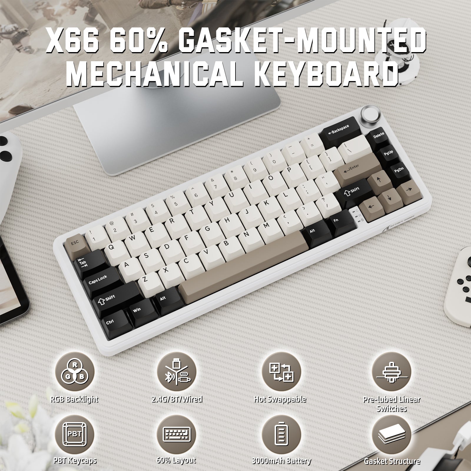 ATTACK SHARK X66 Wireless Mekanik Klavye with Side Printed PBT Tuş Takımı