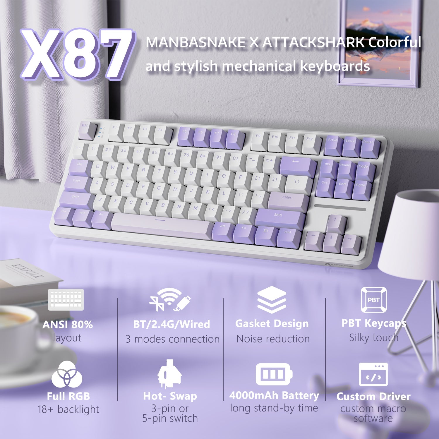 ATTACK SHARK X87 Tri-mode Gasket Mekanik Klavye