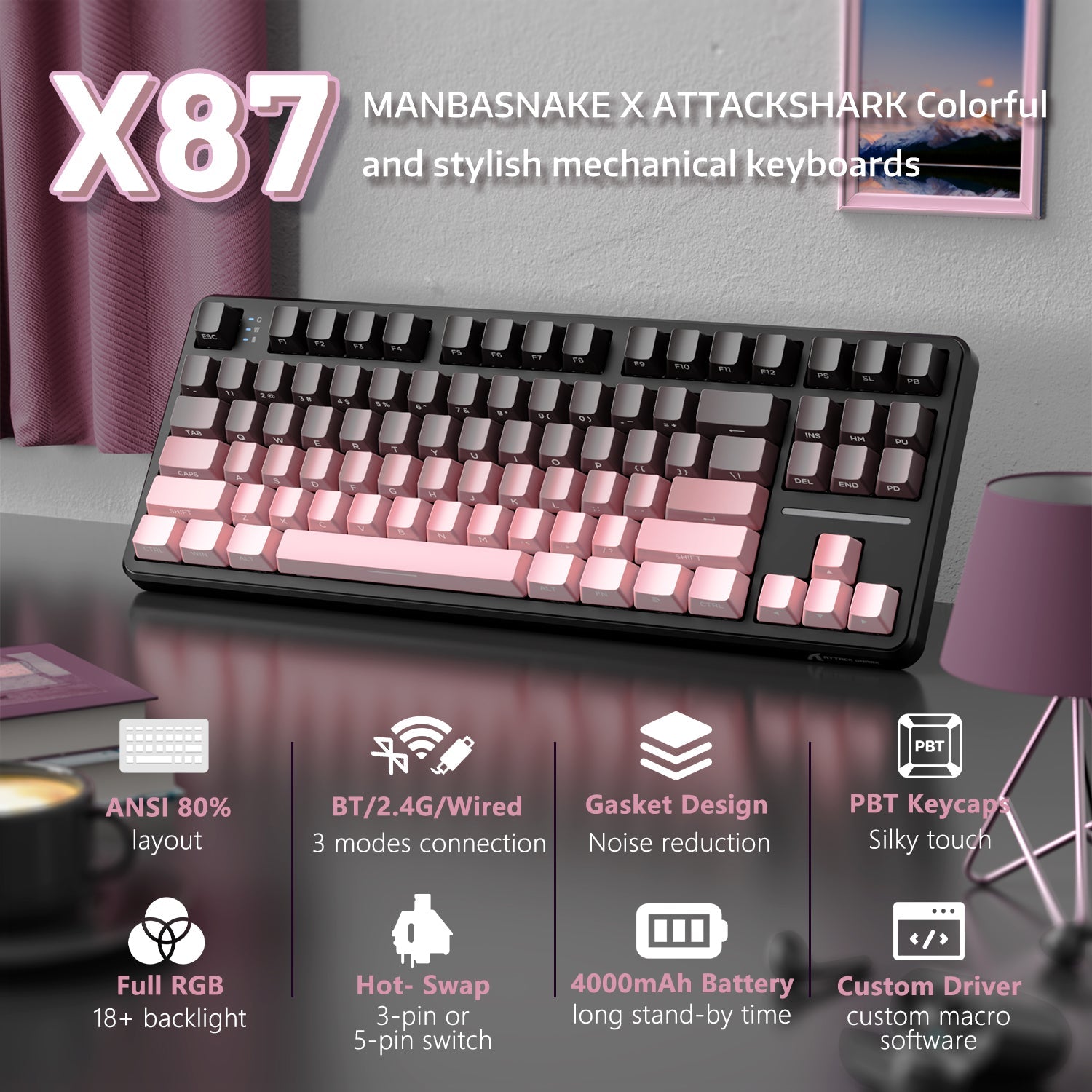 ATTACK SHARK X87 Tri-mode Gasket Mekanik Klavye