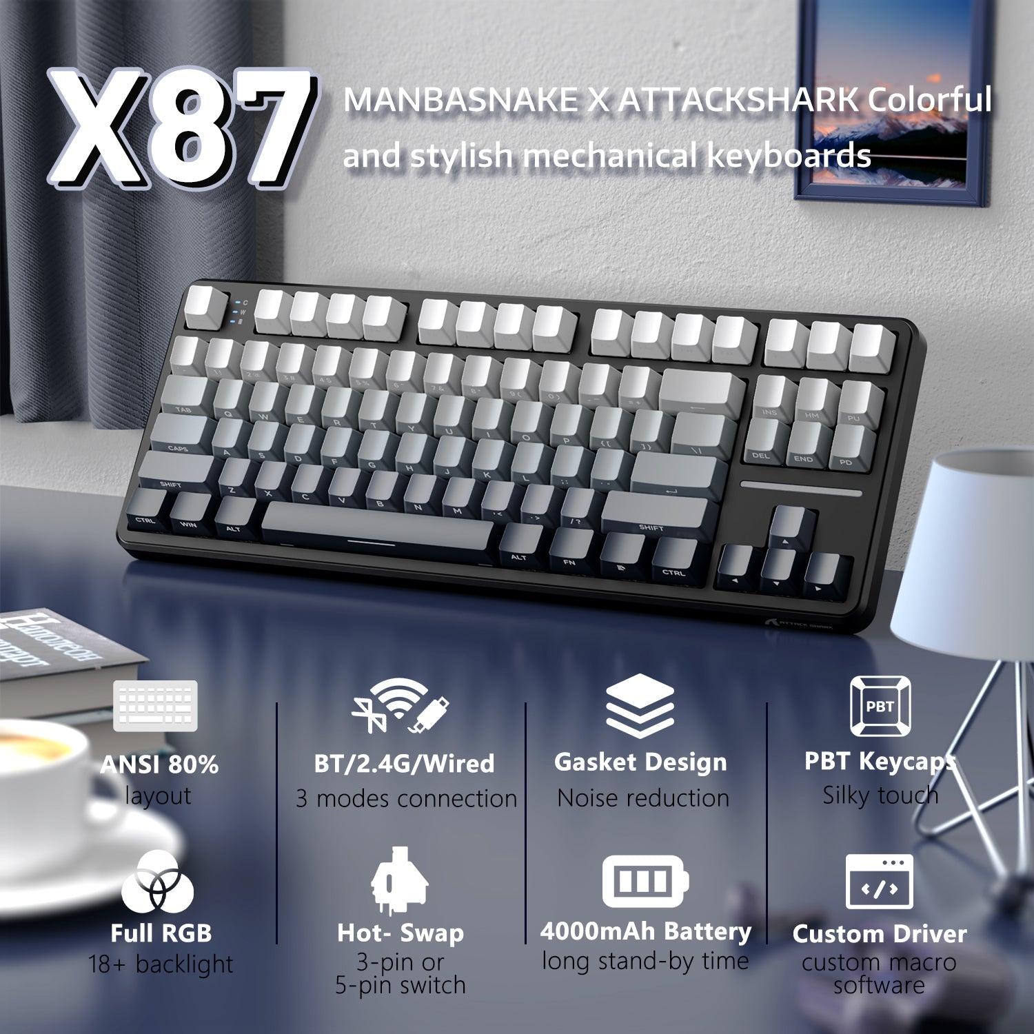 ATTACK SHARK X87 Tri-mode Gasket Mekanik Klavye