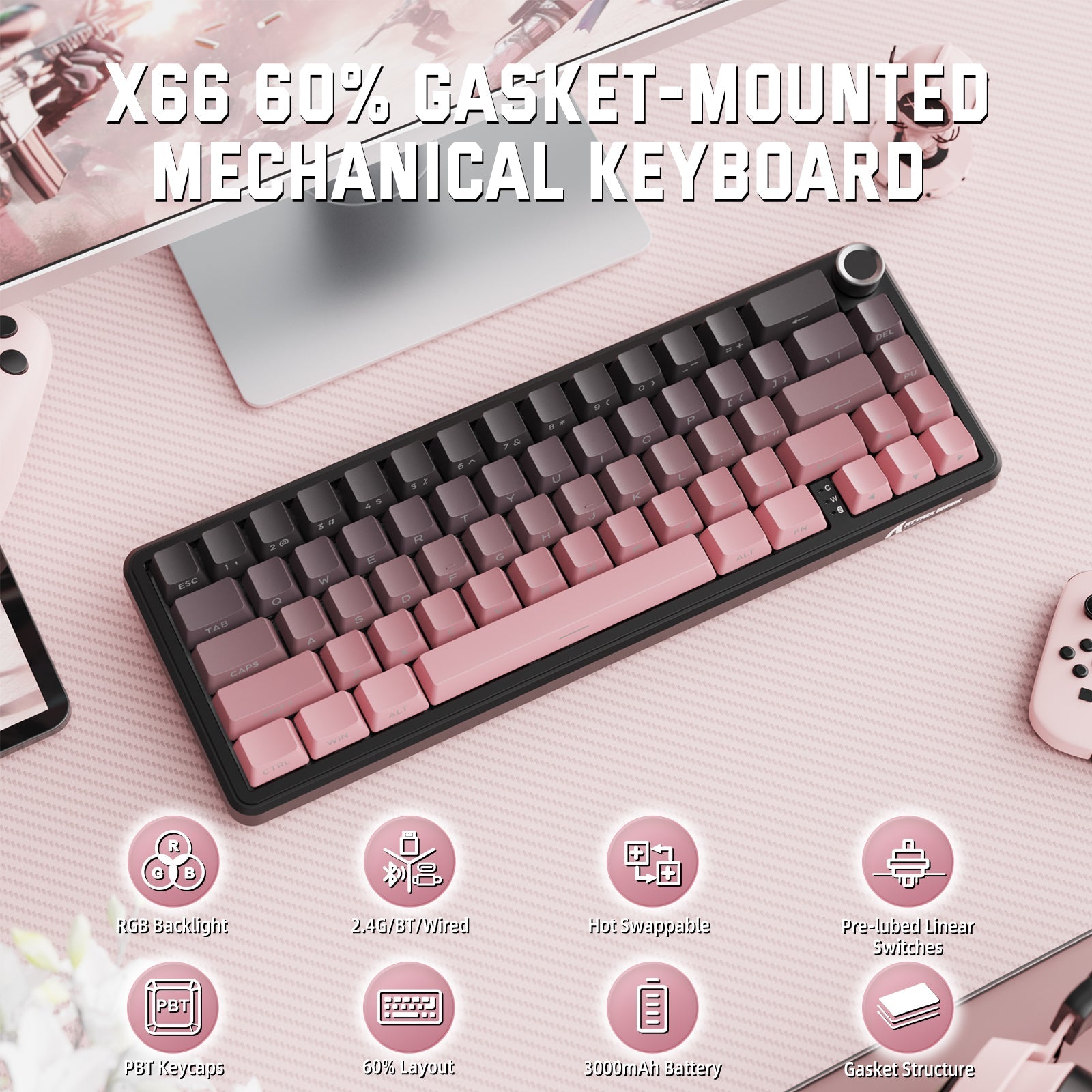 ATTACK SHARK X66 Wireless Mekanik Klavye with Side Printed PBT Tuş Takımı