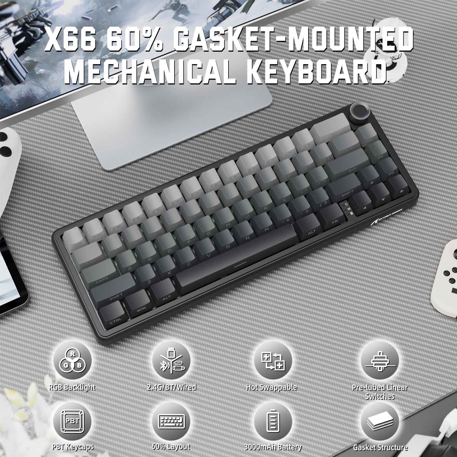 ATTACK SHARK X66 Wireless Mekanik Klavye with Side Printed PBT Tuş Takımı