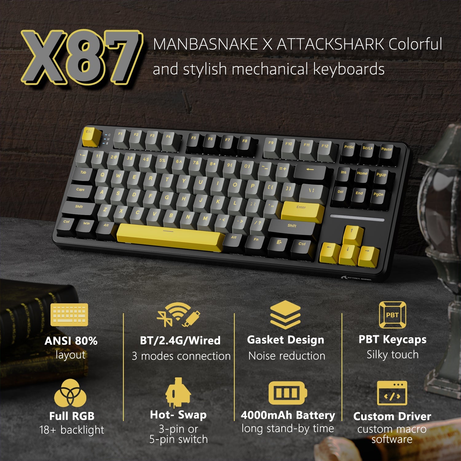 ATTACK SHARK X87 Tri-mode Gasket Mekanik Klavye