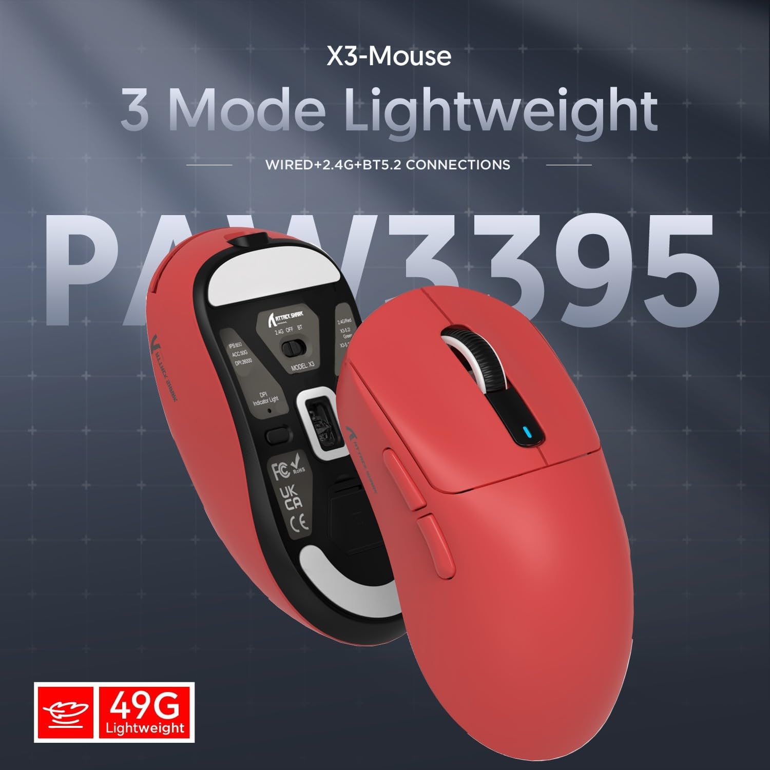 ATTACK SHARK X3 Kablosuz Oyuncu Mouse PAW3395 Superlight