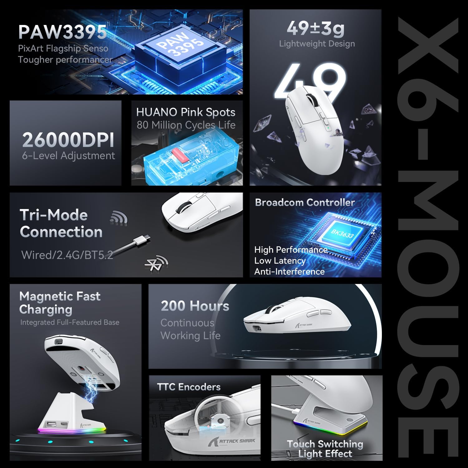 ATTACK SHARK X6 Three Modes Oyuncu Mouse Şarj İstasyonu İle